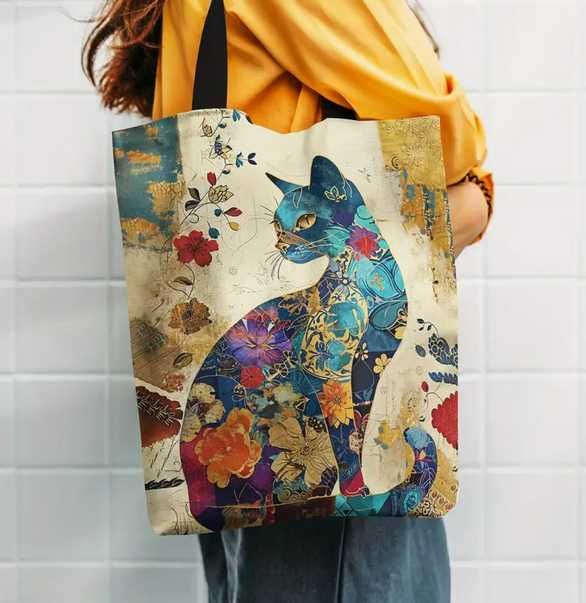 Torba na ramię z motywem kota, lekka torba na zakupy