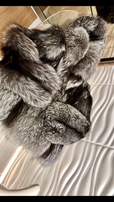 NOWE Premium Futro fox fur bomber z kapturem lis srebrny