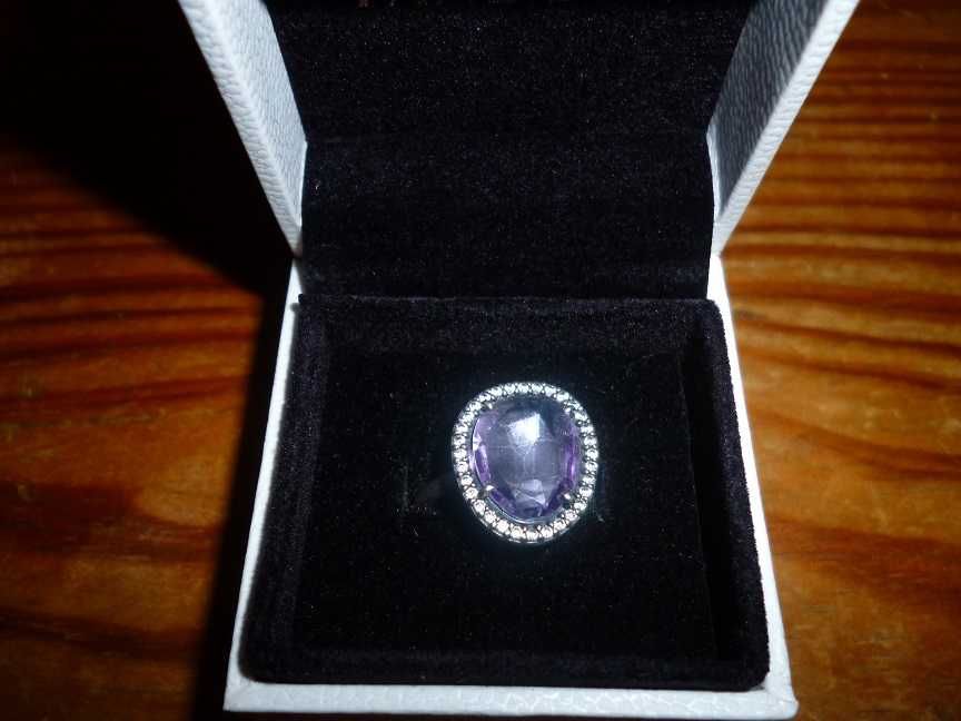 pandora conjunto anel e pendente em prata com ametista