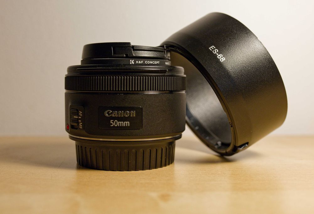 Canon EF 50 mm f/1.8 STM + filtr UV K&F Concept + osłona