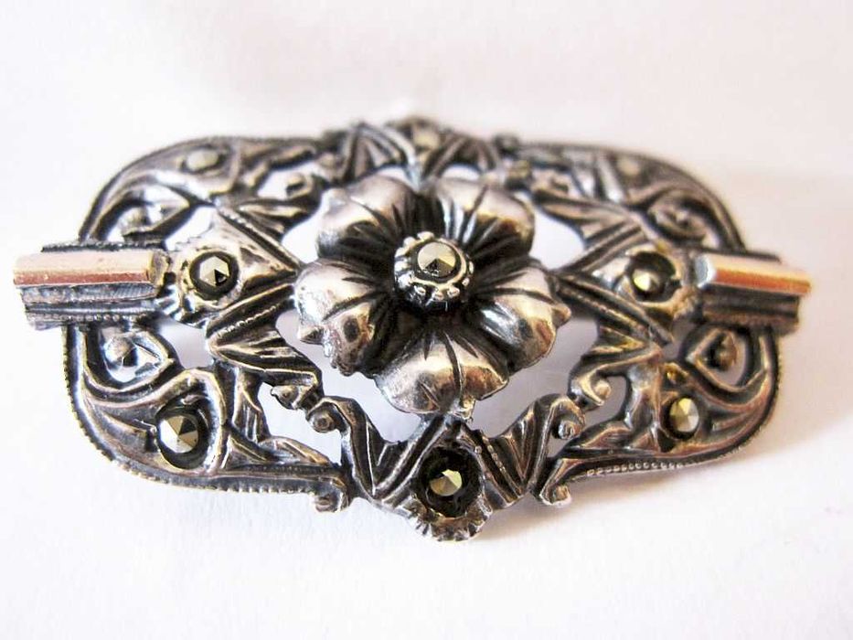 vintage pregadeira em prata portuguesa contrastada c ouro e marcasitas