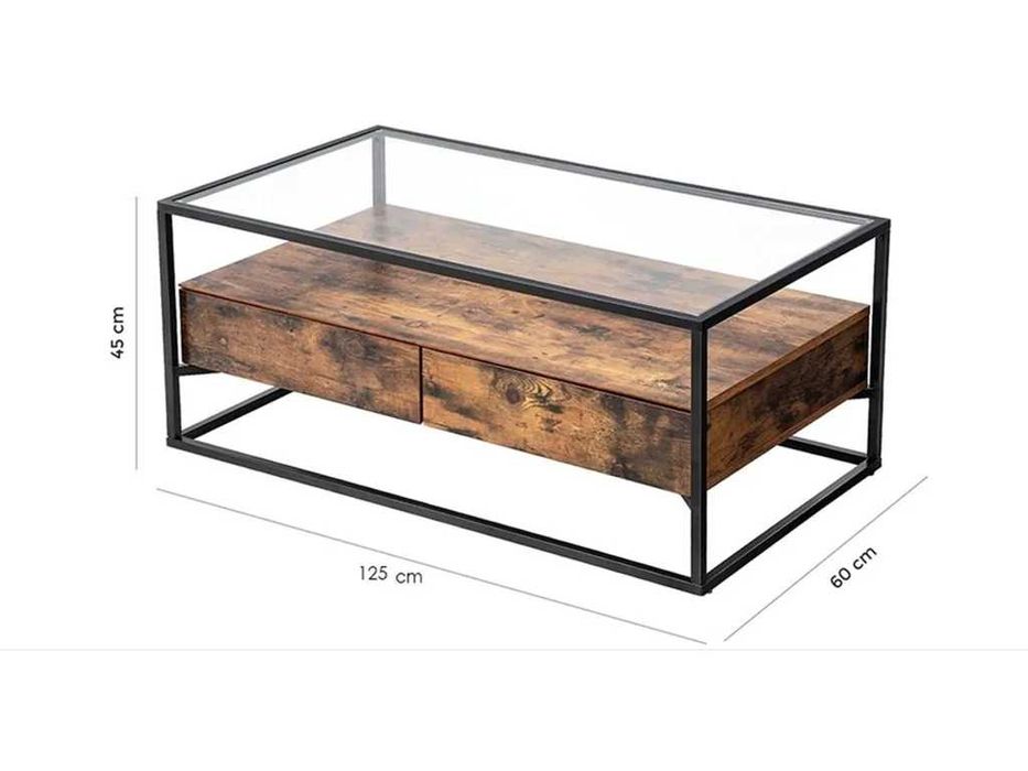 Stolik kawowy industrialny Furnilux – drewno + szkło – 125×60×45 cm