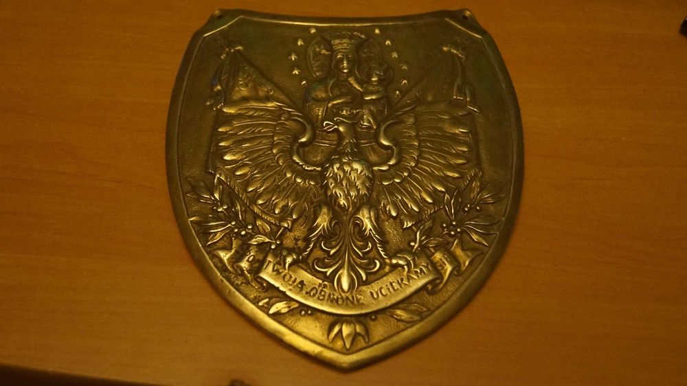 Rynograf Orzeł Matka Boska mosiądz 17X15cm Pod Twoja opiekę PRL antyk