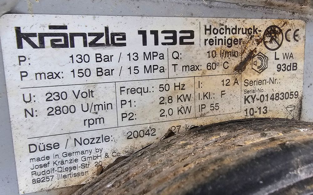 Myjka ciśnieniowa Kranzle K1132  bar 130 600l/h KARCHER