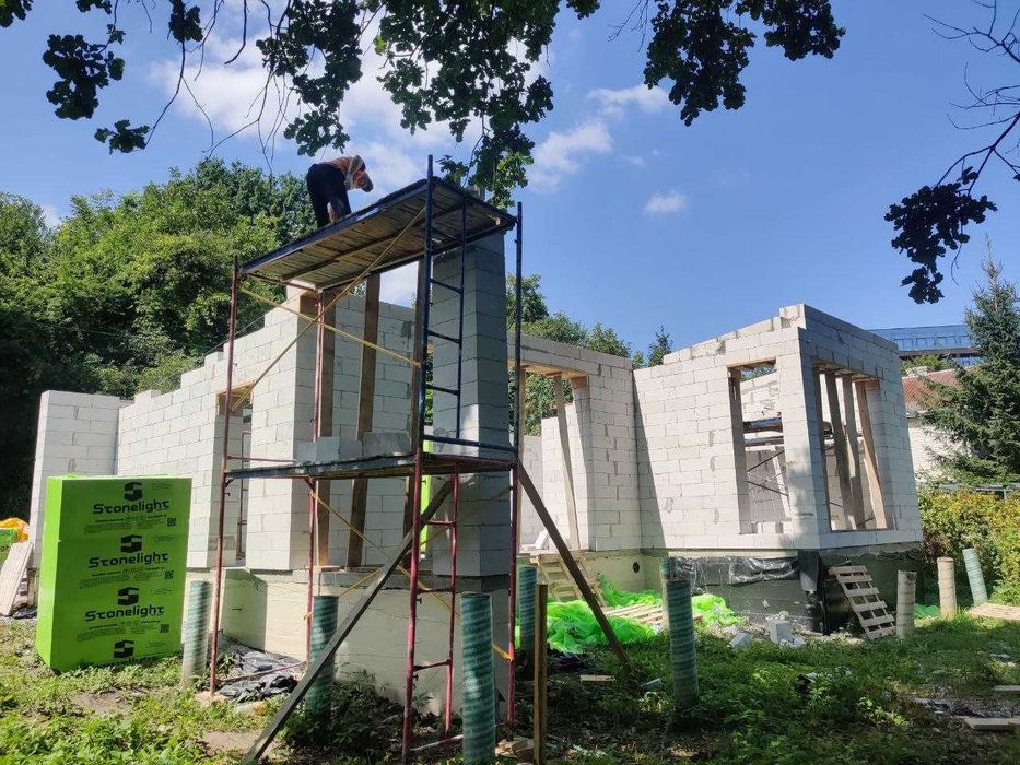 Мурування кладка газоблоку піноблоку керамоблоку, послуги муляра, будівництво будинку, кладочні роботи, зведення коробки, стіни перестінки перегородки