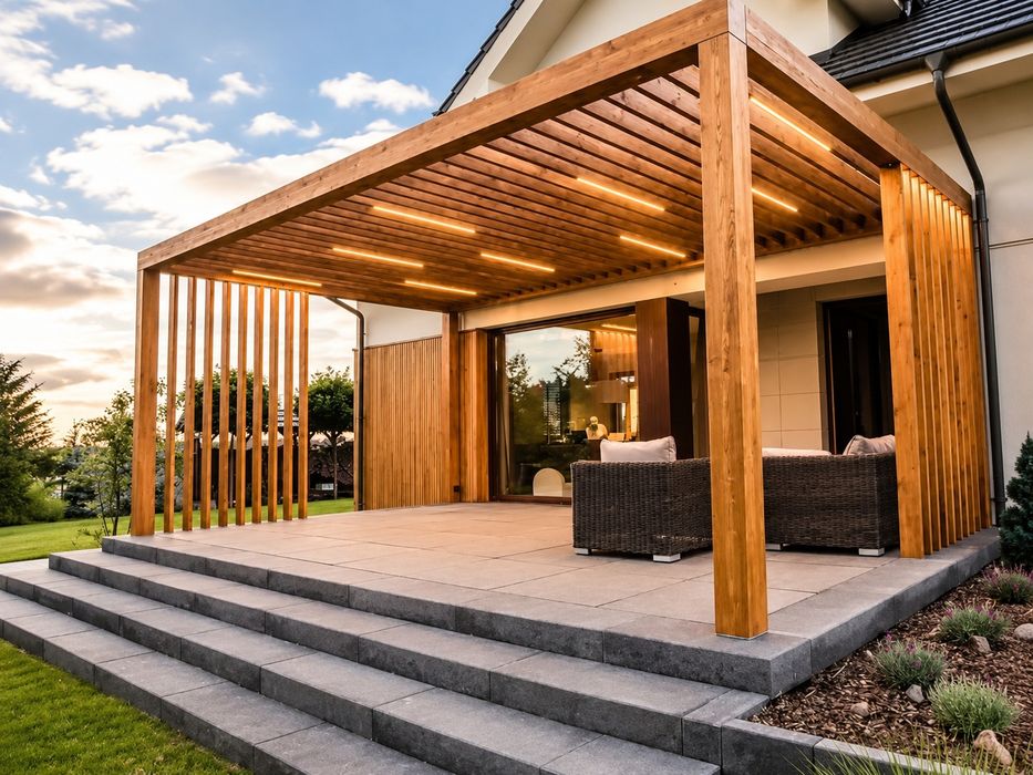 Pergola tarasowa Nowy Sącz | drewno BSH GL24 | zadaszenie