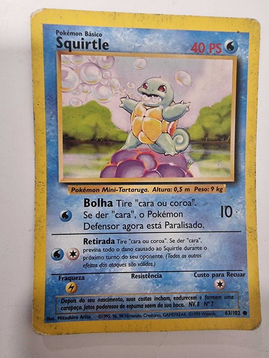 squirtle pokemon card 1995 Carta Pokemom da 1ª Edição de Lisboa Water Rarity Squirtle 63/102 Rare 1995 Pokemon
