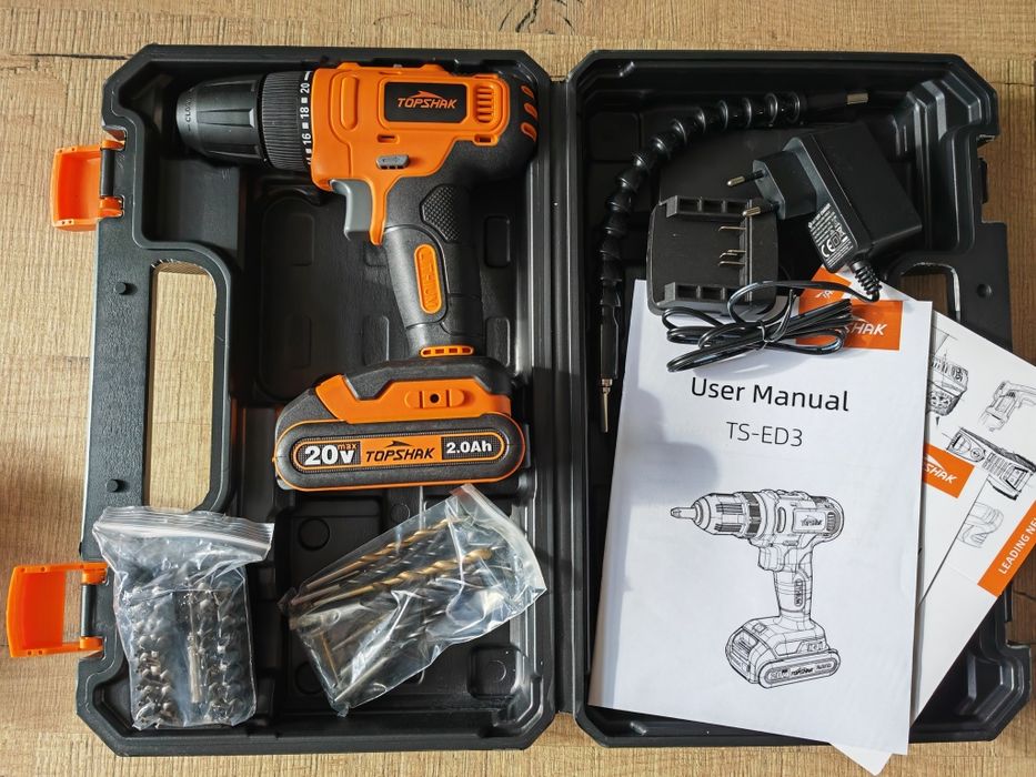 Wiertarko-wkrętarka Topshak TS-ED3 20V zestaw bity wiertła walizka