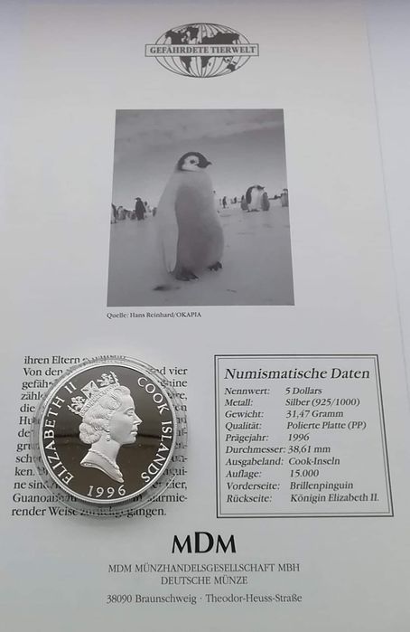 О-ви Кука. 5 доларів 1996р. ПІНГВІН. СРІБЛО. ПРУФ. Сертифікат