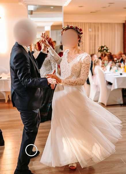 Suknia ślubna długi rękaw, koronka i tiul, rozmiar 36, 158-160 cm