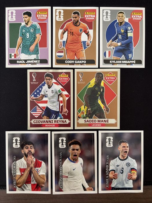 Extra Sticker world cup - Kylian mbappe prata, sadio mane bronze, cody gakpo bronze, raul jimenez roxo, giovanni reyna rookie, stickers coca cola