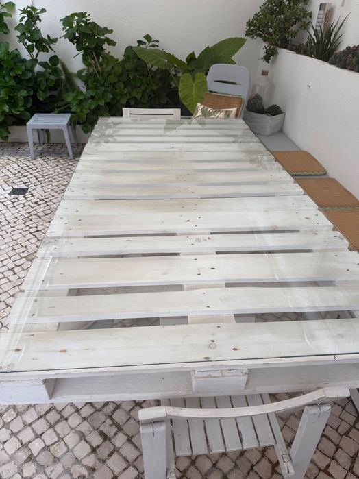 Mesa de jantar com Vidro Temperado para Jardim com Banco e 2 cadeiras - 240cm x 120cm