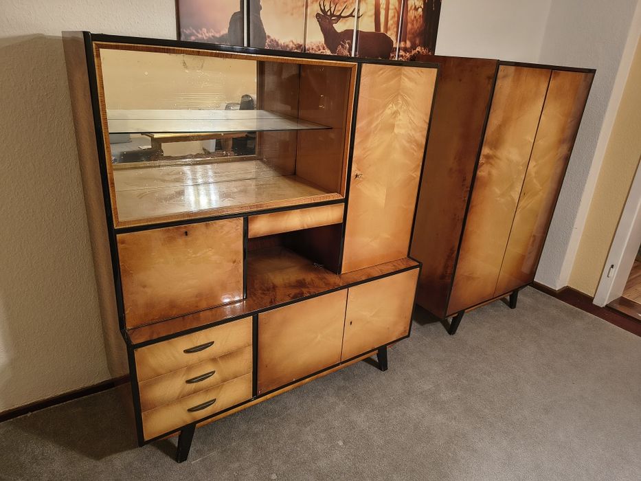 Zestaw mebli PRL, komoda, regał, szafa, meblościanka, witryna, szafka