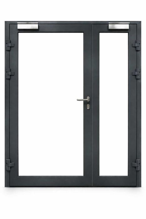 Drzwi przeciwpożarowe EI30 dwuskrzydłowe, komplet – jak nowe – okazja!