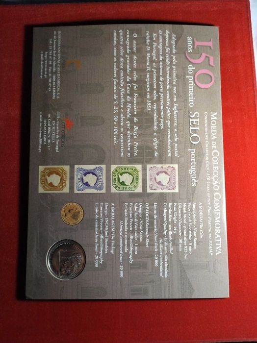 Moeda 5€ Prata Proof 150 Anos do Primeiro Selo Português