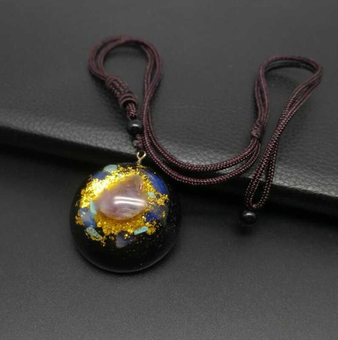 Piękny Naszyjnik Orgonit Opal Ametyst Turkus Złota folia Talizman
