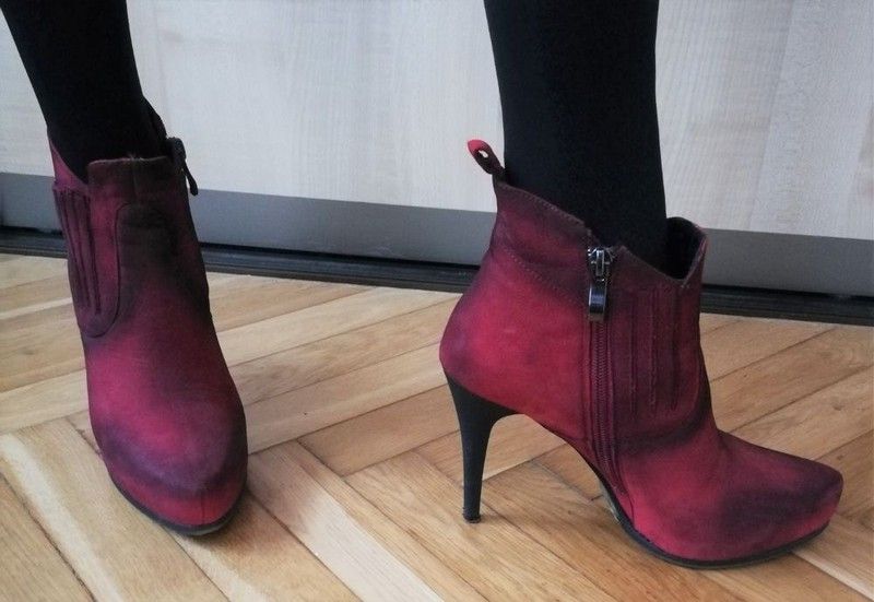 Skórzane buty botki na szpilce bordowe cieniowane nubuk Lasocki