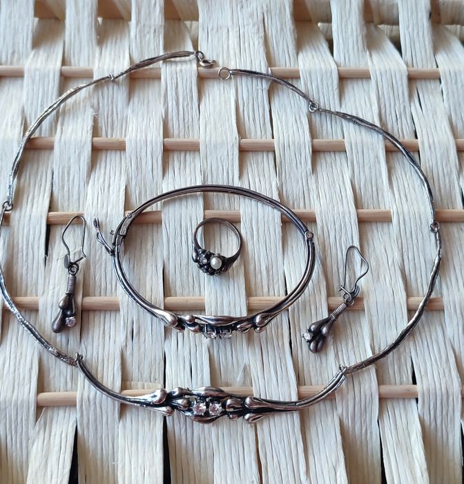 Stary srebrny komplet cyrkonia srebro naszyjnik bransoletka pierścione