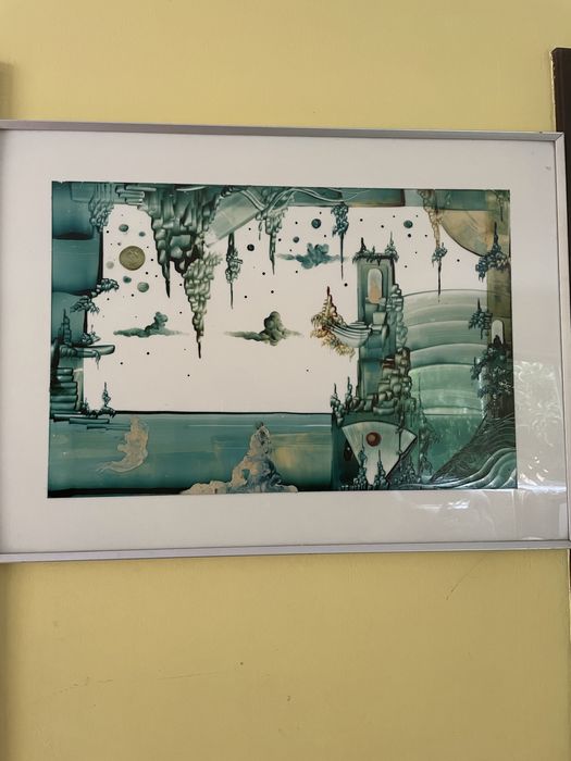 Quadro pintura acrilica com moldura em aluminio, com 76cm de largura e 56cm de altura.