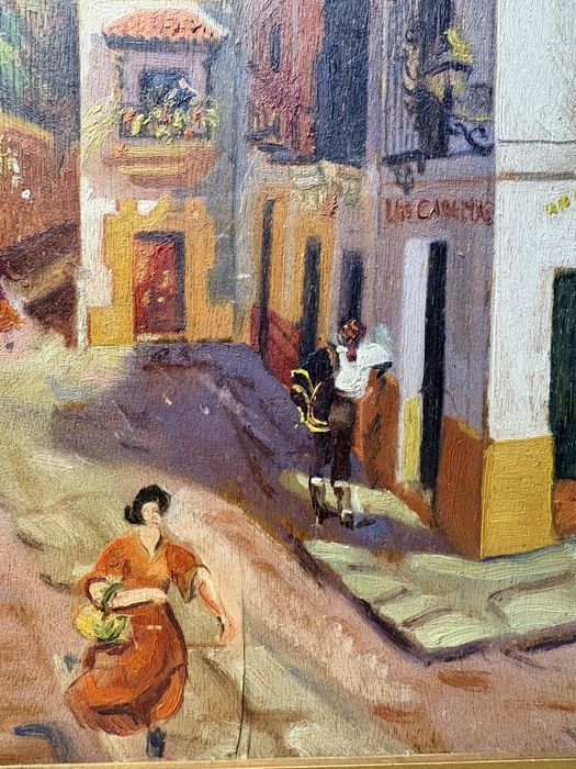 Linda antiga pintura paisagem de Sevilha em óleo sobre madeira de 1951