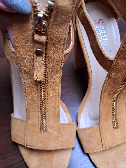 Sandały zamsz słupek camel 37 karmel sexy