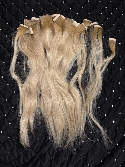 55 pasemek komplet włosy naturalne 45cm dł blond kanapka tape taśmy.