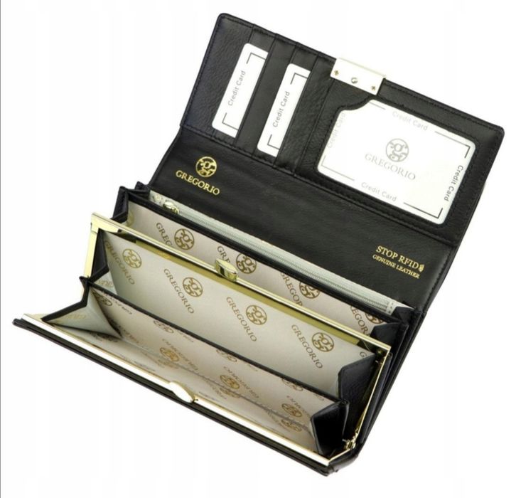 Nowy z metką Skórzany elegancki damski czarny  portfel prezent