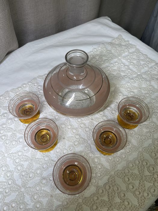 Vintage zestaw do nalewek karafka i 5 kieliszków szkło kolorowe PRL#22