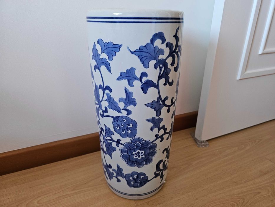 Porta-Guarda-Chuvas / Vaso de Chão em Cerâmica Azul e Branca (45 cm)