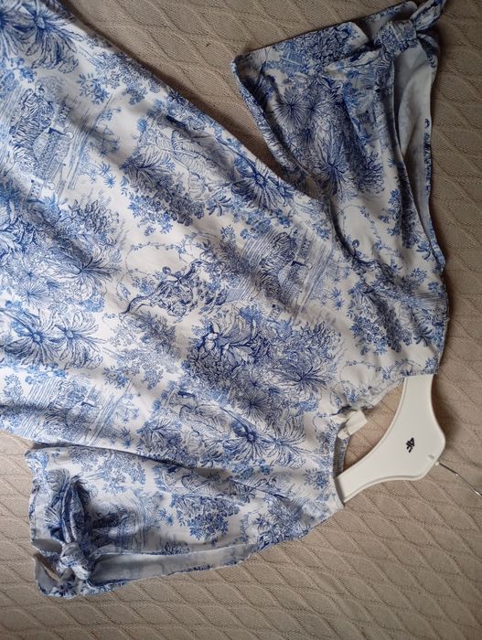 H&M M-L linen blend naturalna prosta biało-niebieska sukienka