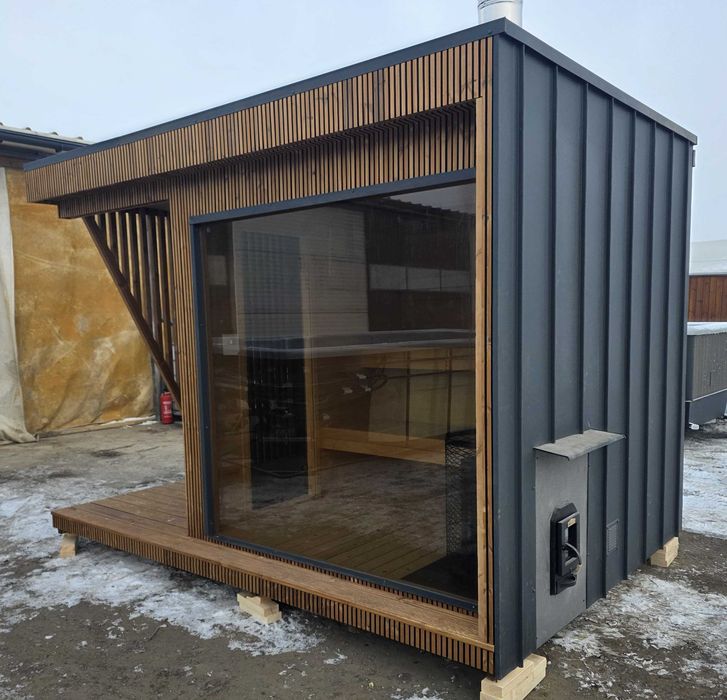 Sauna wolnostojąca ogrodowa AURORA II thermo sosna przedsionek piec opalany drewnem