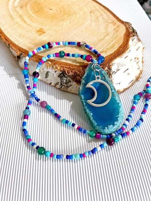 Naszyjnik handmade Luna Lunula agat cięty plaster