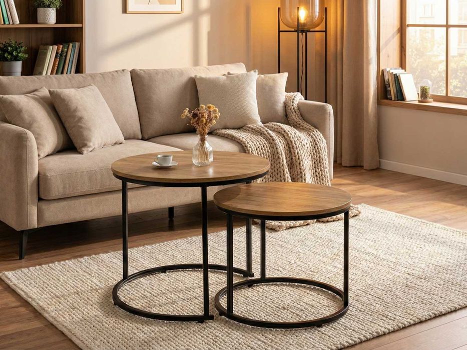 NOWY STOLIK Kawowy 2w1 Ława LOFT okrągły ZESTAW