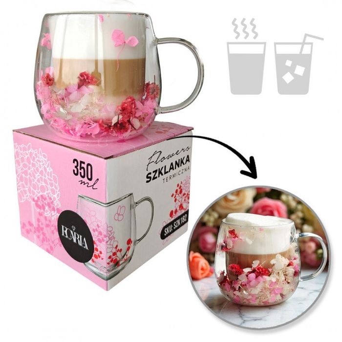 Szklanka termiczna 350 ml z kwiatami Gipsówka Hortensje RÓŻ Prezent