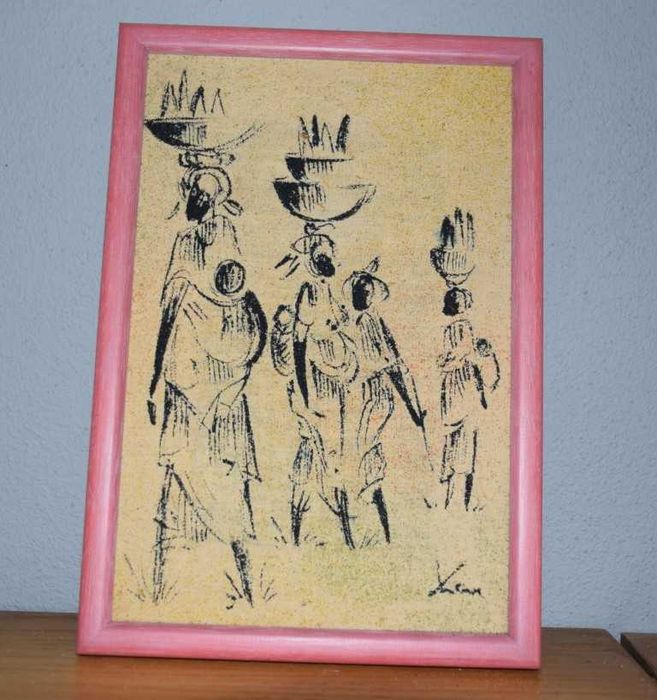Quadro africano (Angola) pintado a tinta de areia – Quitandeiras/Zungueiras – 1997