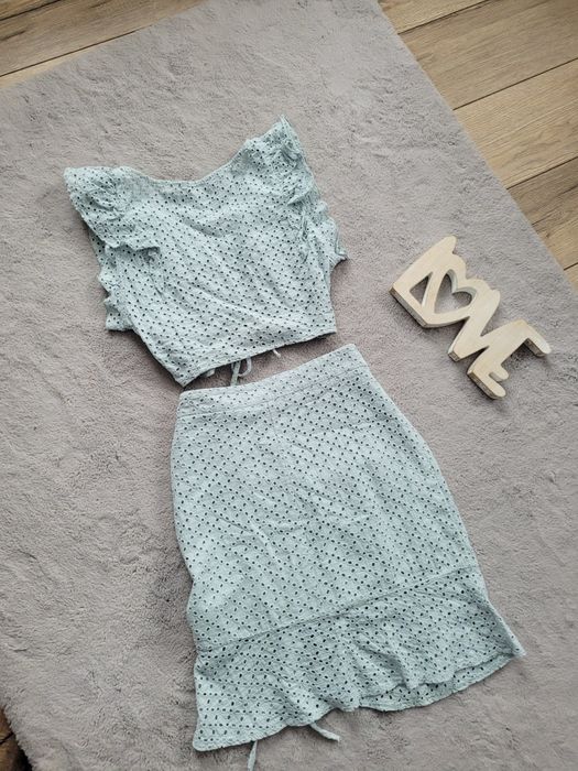 Komplet Brandenburg azurowy top I spódnica szałwia mięta