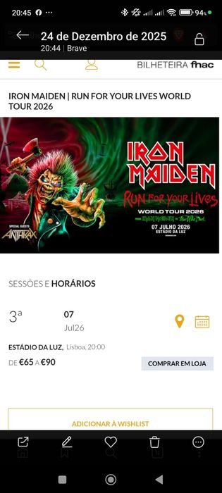 2 Bilhete concerto IRON MAIDEN 70€