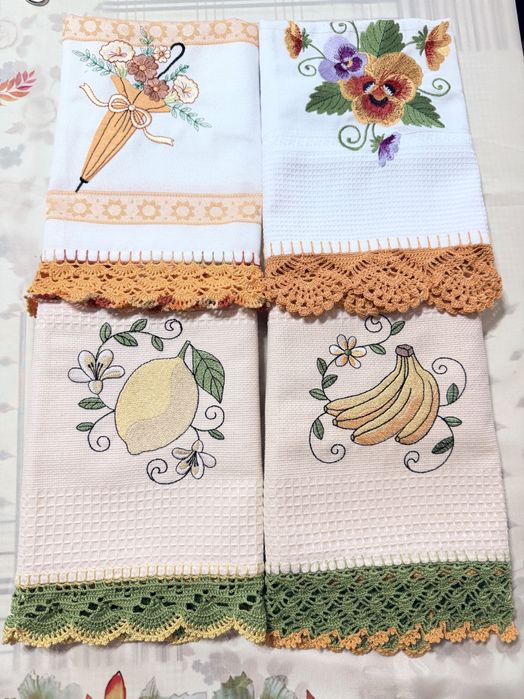 Panos de Cozinha bordado com Pico de Renda Crochet - Vários Modelos