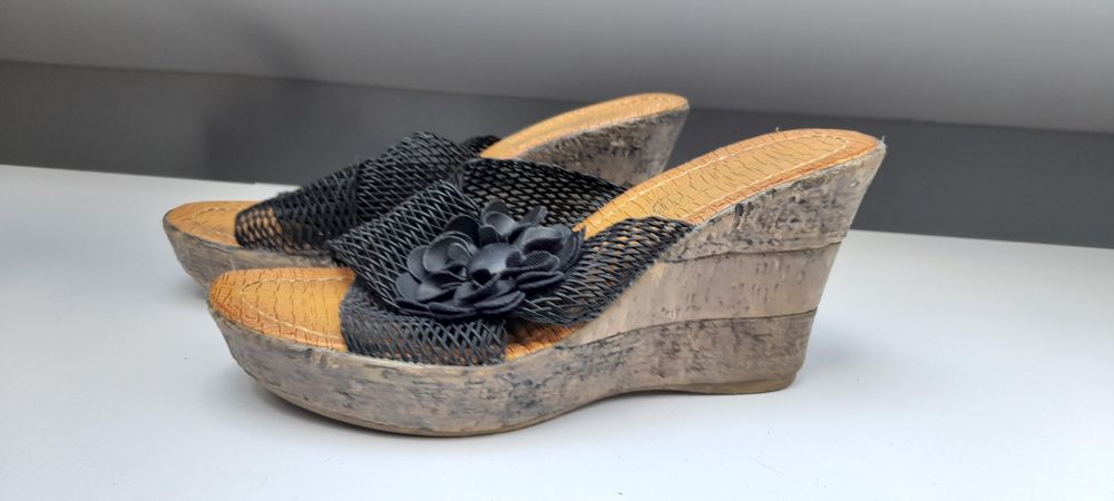 Buty damskie 39 kobiece drewno kokarda letnie czarne