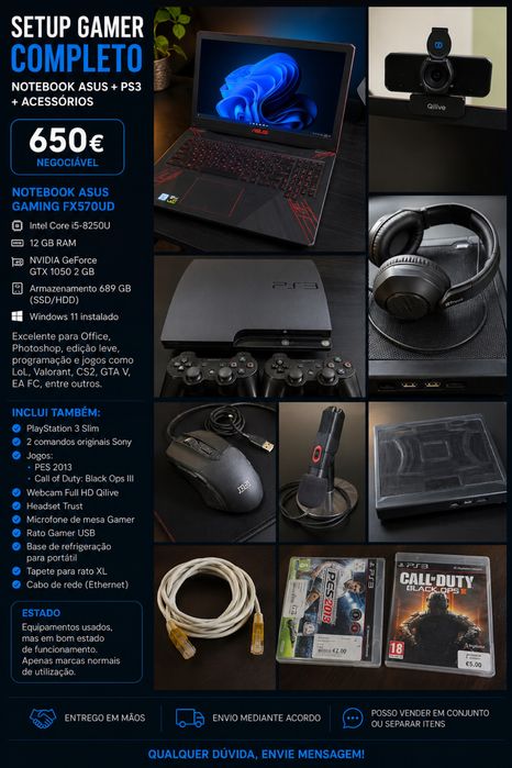 Setup Gamer Completo + Notebook ASUS GTX 1050 + PS3 + Acessórios