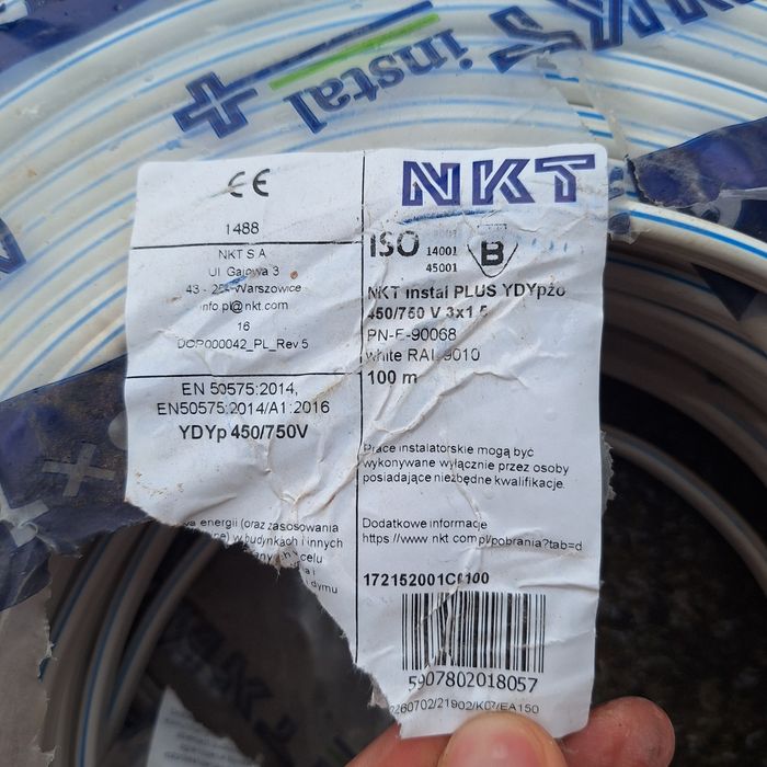 Przewód YDYp 3x1,5mm NKT 100m krążek