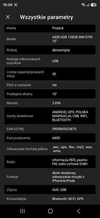 Markowe radio android  PROJACK  A600  6/128 GB - cena sklepowa 1499 zł