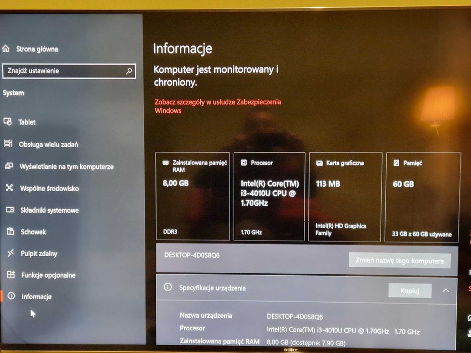 HTPC Intel Nuc i3 4K Win 10 Pro 8GB RAM SSD 60GB klawiatura N5902