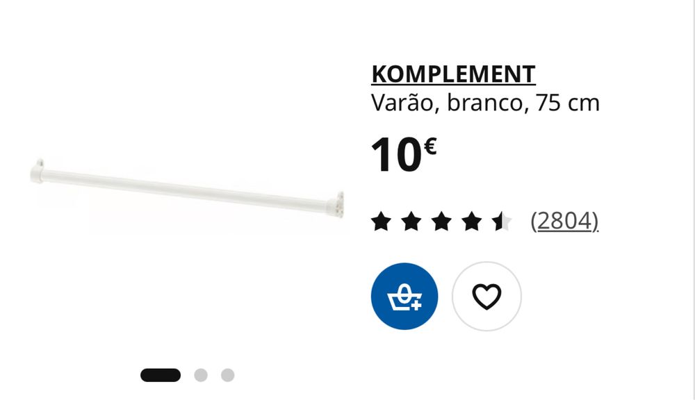 Roupeiro PAX IKEA branco 75cm + 2 varões + 1 prateleira