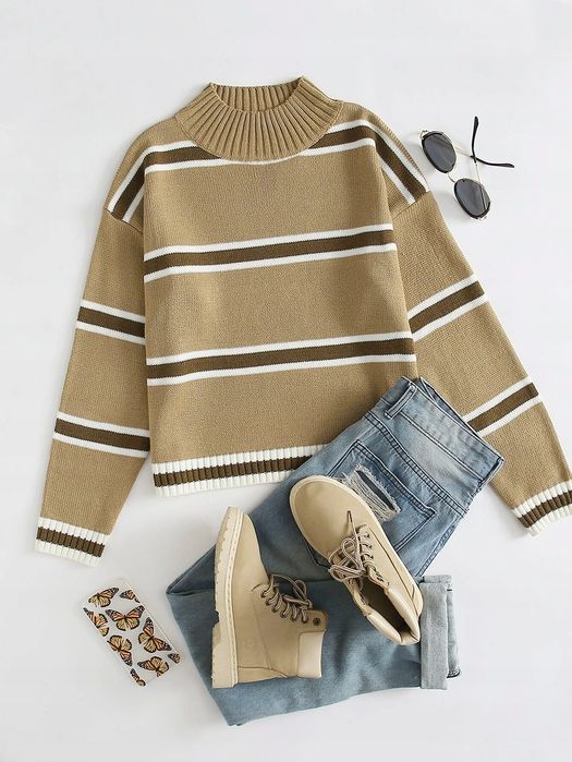 Sweter Casual W Paski Z Obniżonymi Ramionami L 40