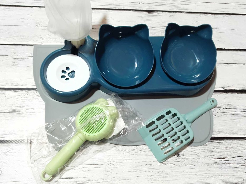 Набір мисок для кота потрійна миска з поїлкою на підставці килимок