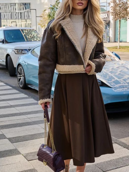 Дубленка короткая  коричнева  та рижа стильная с бежевым мехом S, M, L