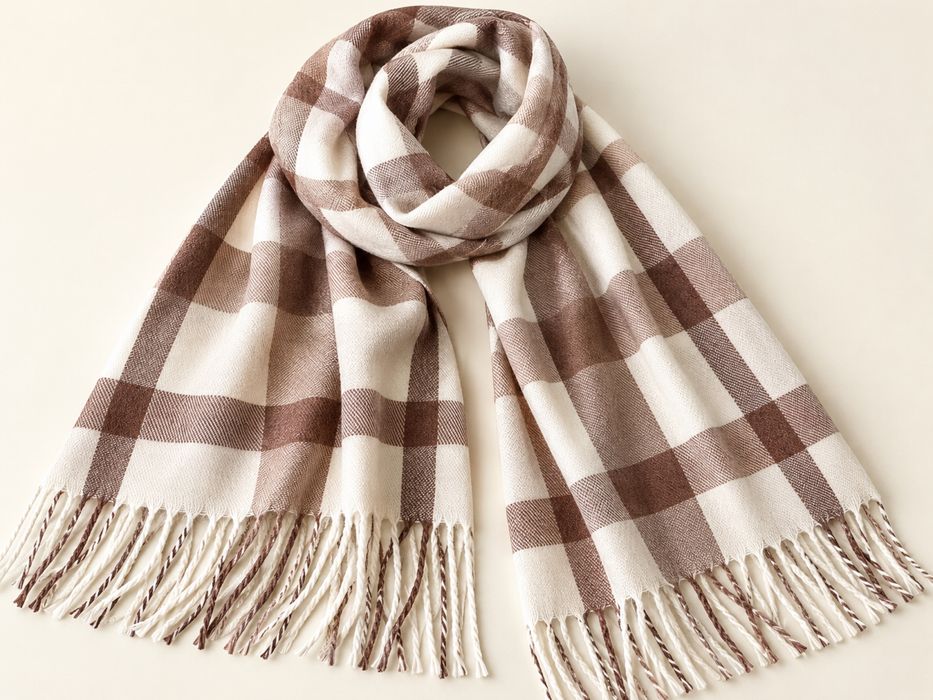 100% wool wełna szalik krem beż brąz w modną kratkę.