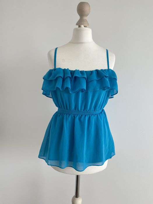 Niebieski top na ramiączka S 36 H&M mesh falbanki 00s