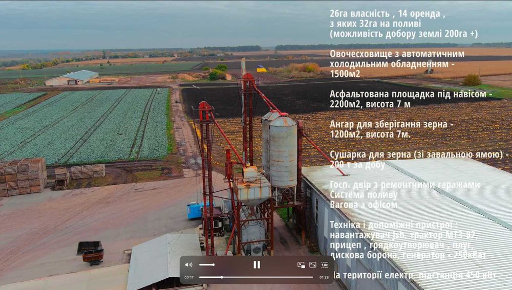 Продаж фермерського комплексу 26га. Земля, склади, сушарки, техніка